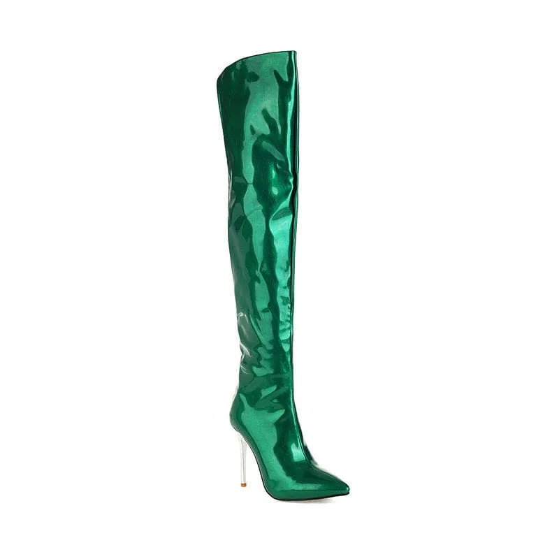 Emerald Green Bright Leather Pointed Toe Stiletto Knee Boots