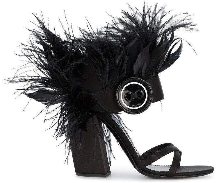 Feather-Trimmed Satin Sandals - Black