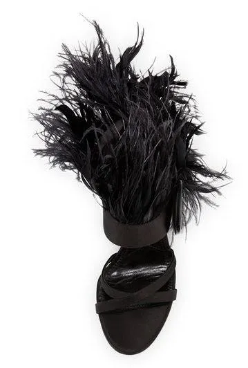 Feather-Trimmed Satin Sandals - Black