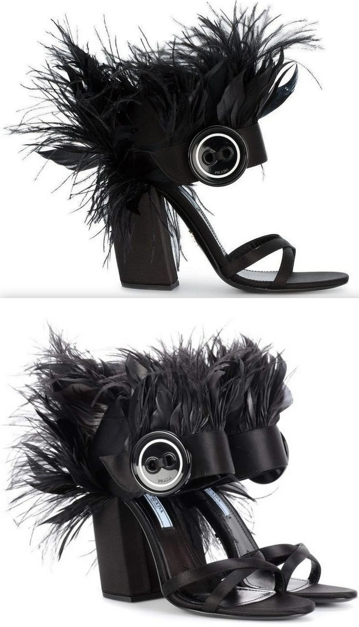 Feather-Trimmed Satin Sandals - Black