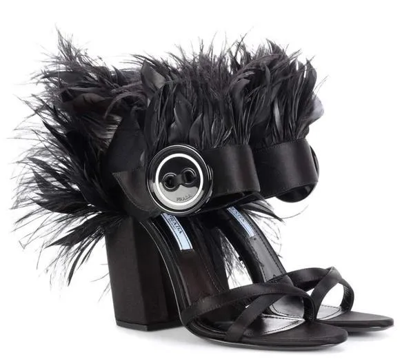 Feather-Trimmed Satin Sandals - Black