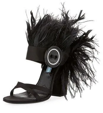 Feather-Trimmed Satin Sandals - Black