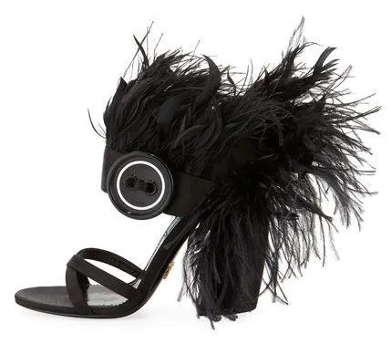 Feather-Trimmed Satin Sandals - Black