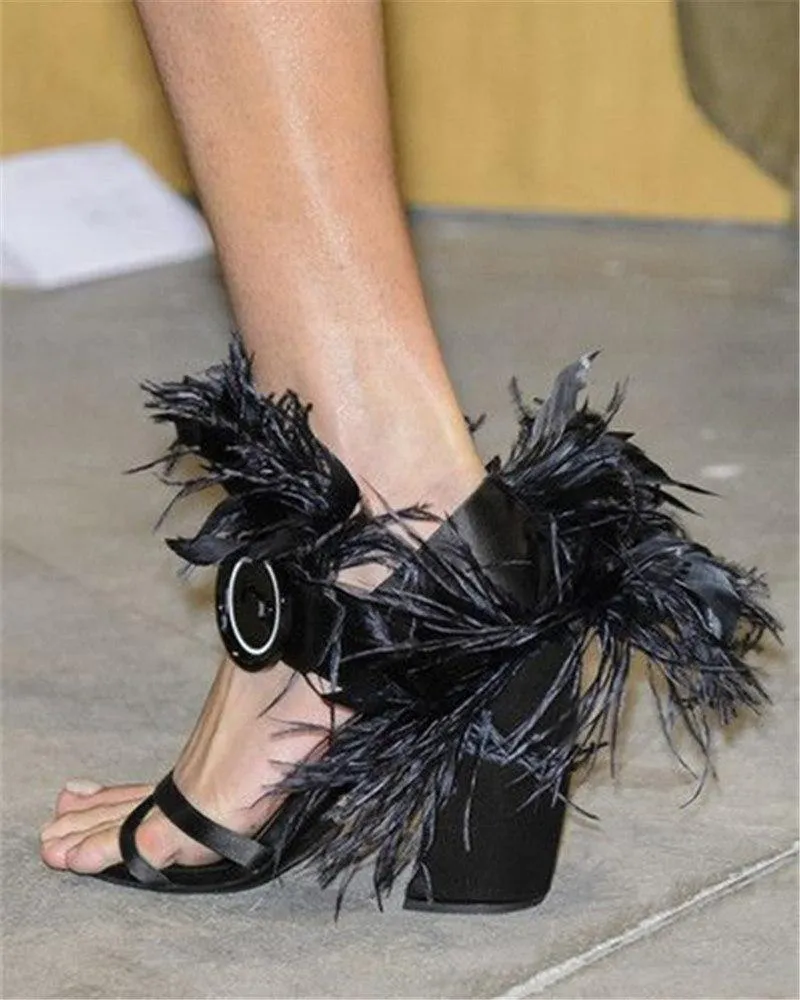 Feather-Trimmed Satin Sandals - Black