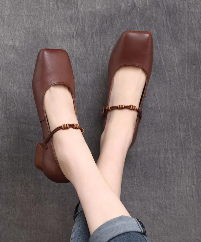 Fine Buckle Strap Splicing Chunky High Heels Brown Cowhide Leather LY7596