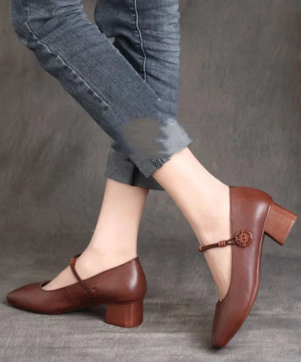 Fine Buckle Strap Splicing Chunky High Heels Brown Cowhide Leather LY7596