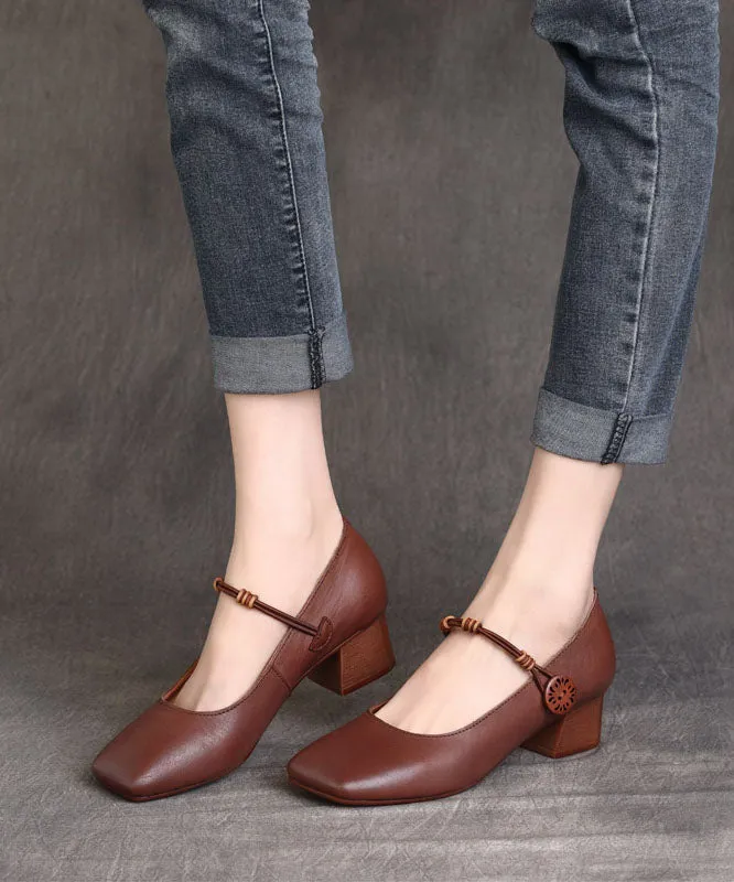 Fine Buckle Strap Splicing Chunky High Heels Brown Cowhide Leather LY7596