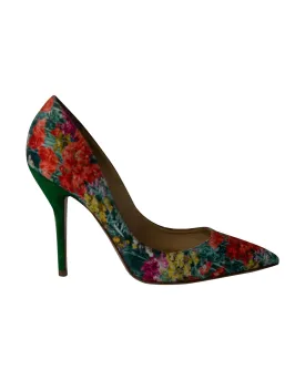 Floral Print Silk and Suede High Heel Pumps