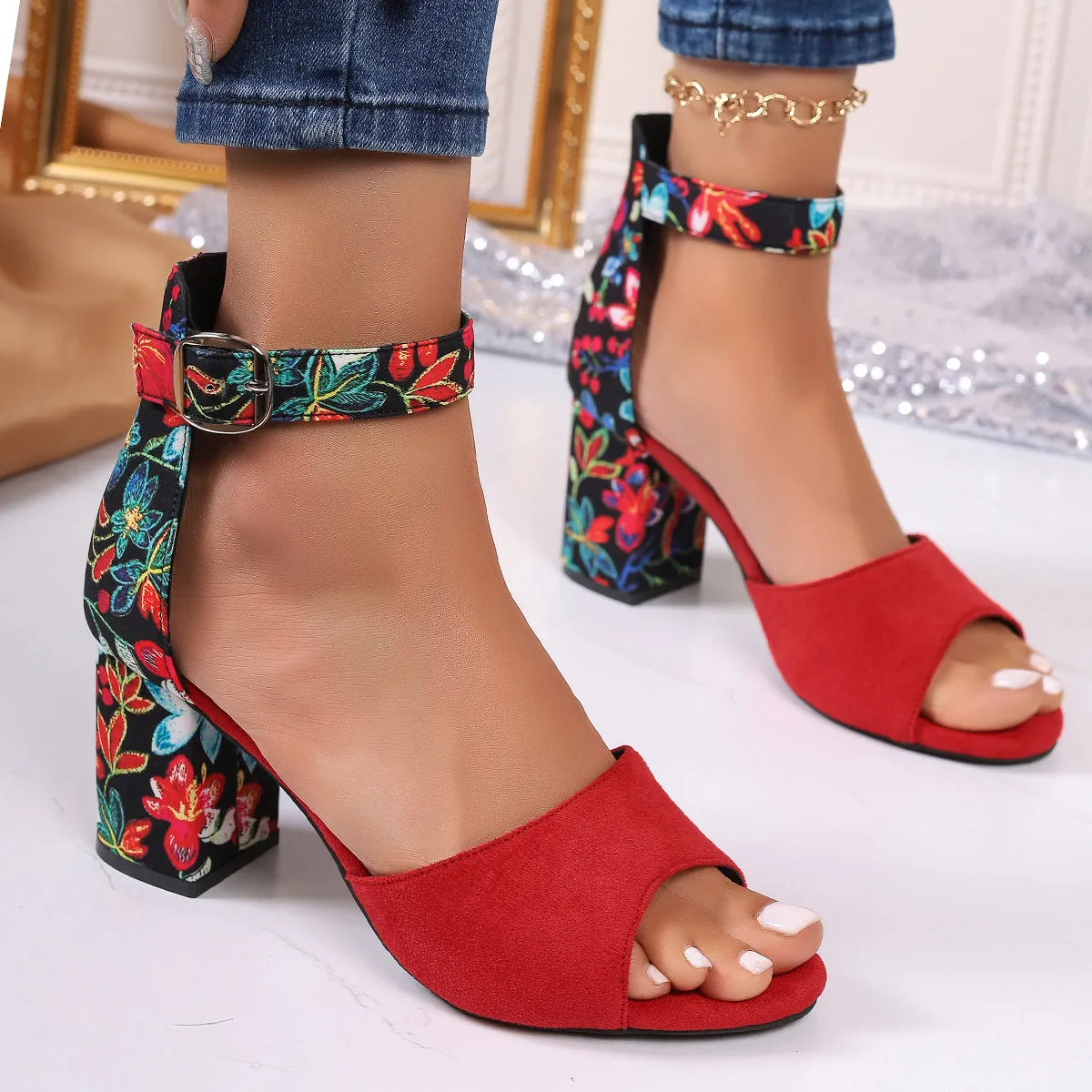 Flower printed color blocks chunky sandals