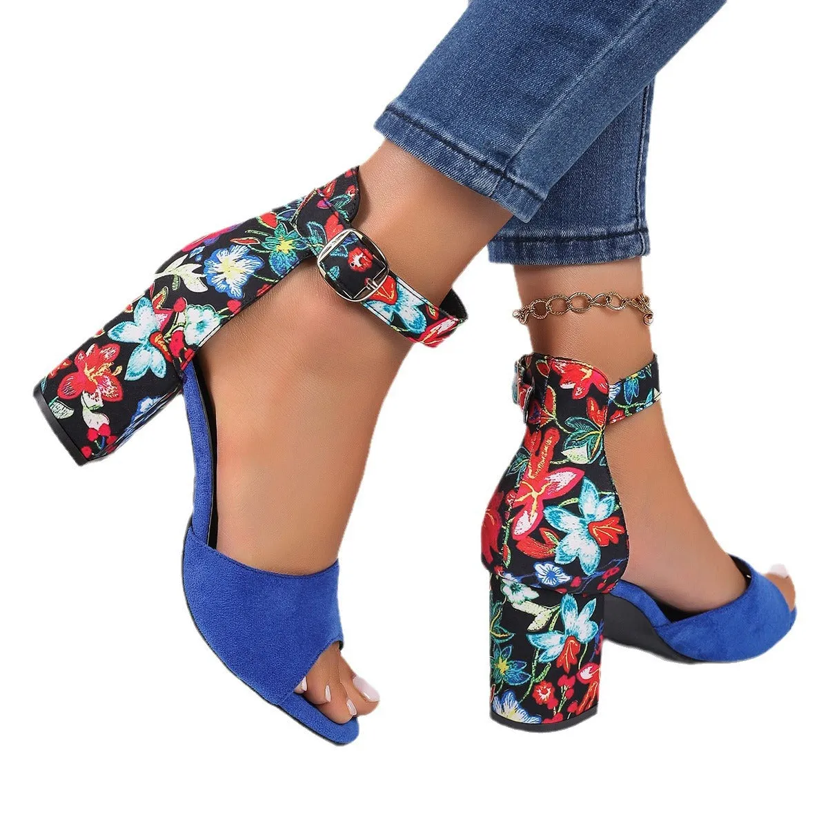 Flower printed color blocks chunky sandals