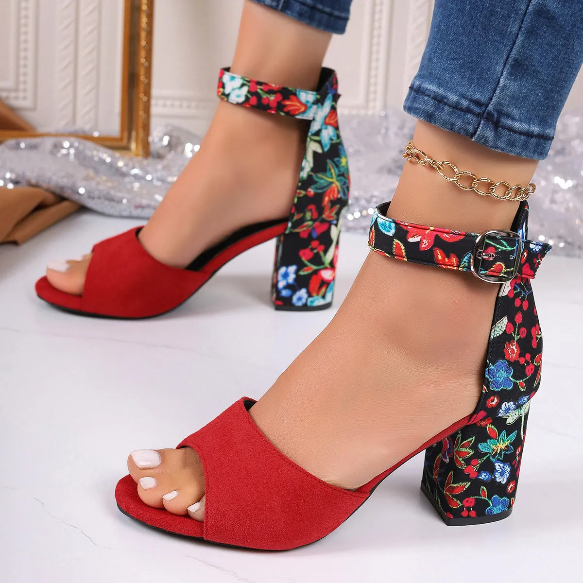 Flower printed color blocks chunky sandals