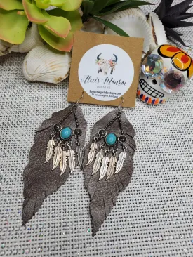 Genuine Leather Earring , Aztec Feathers &  Leather Jewelry