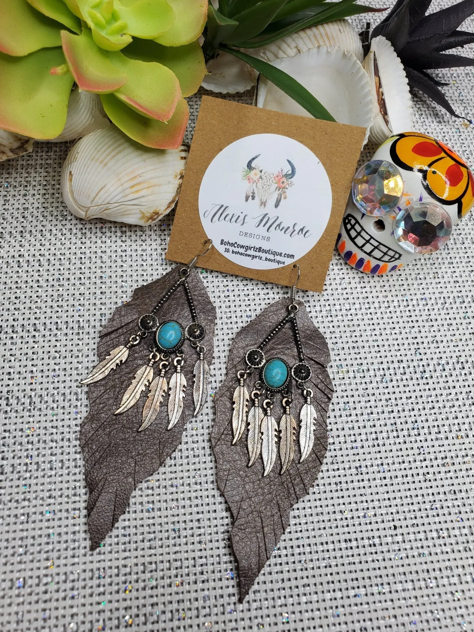 Genuine Leather Earring , Aztec Feathers &  Leather Jewelry