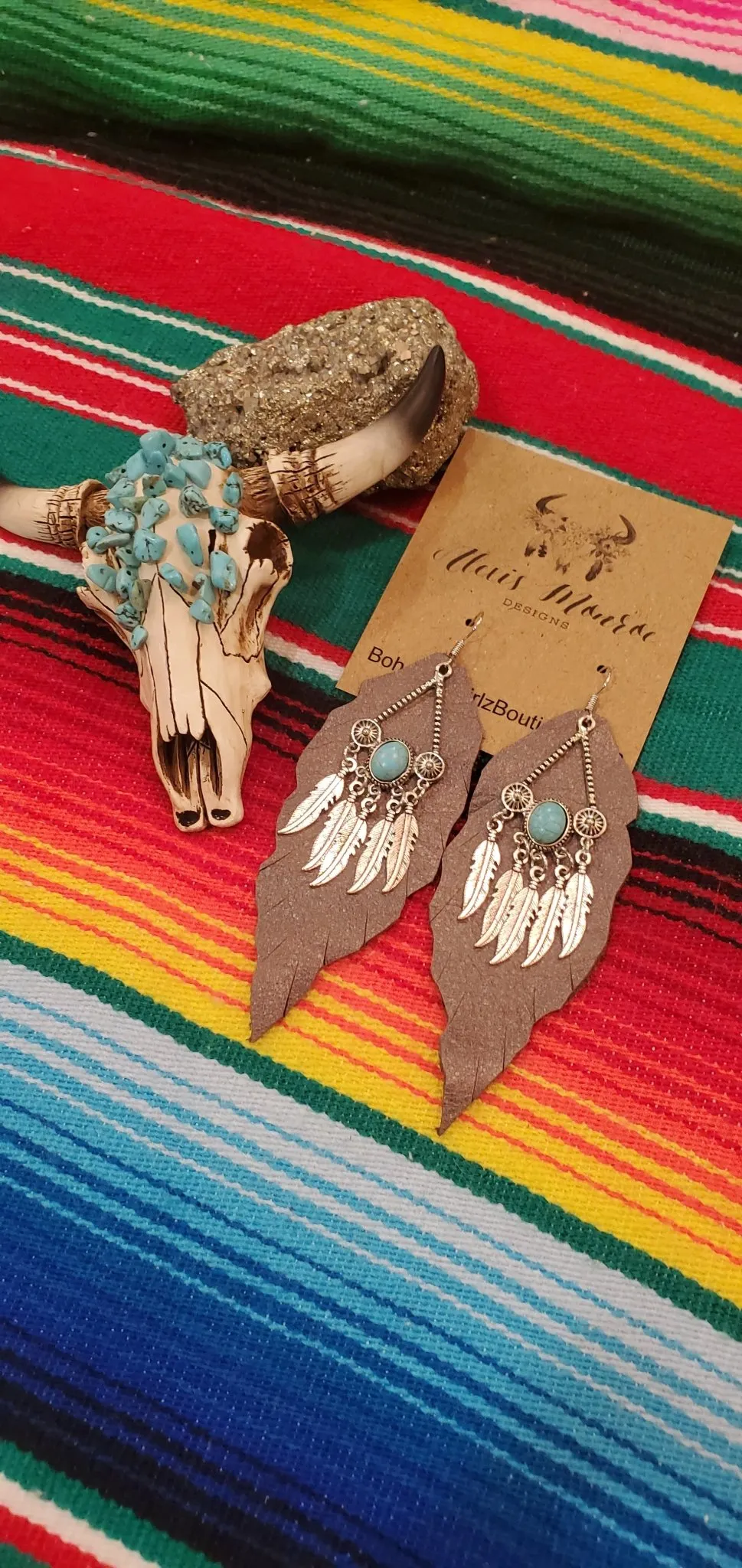 Genuine Leather Earring , Aztec Feathers &  Leather Jewelry