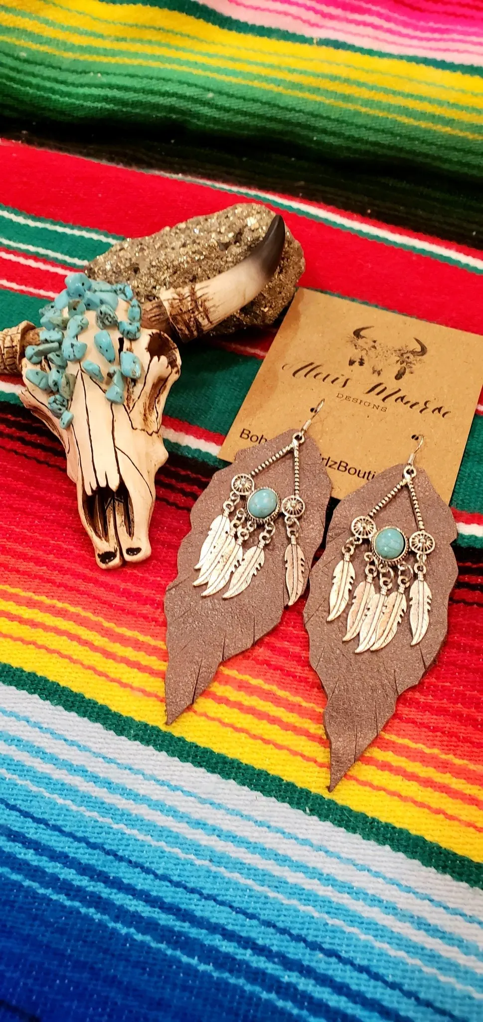 Genuine Leather Earring , Aztec Feathers &  Leather Jewelry