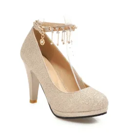 Girls's Round Head Rhinestone High Heeled Chunky Pumps