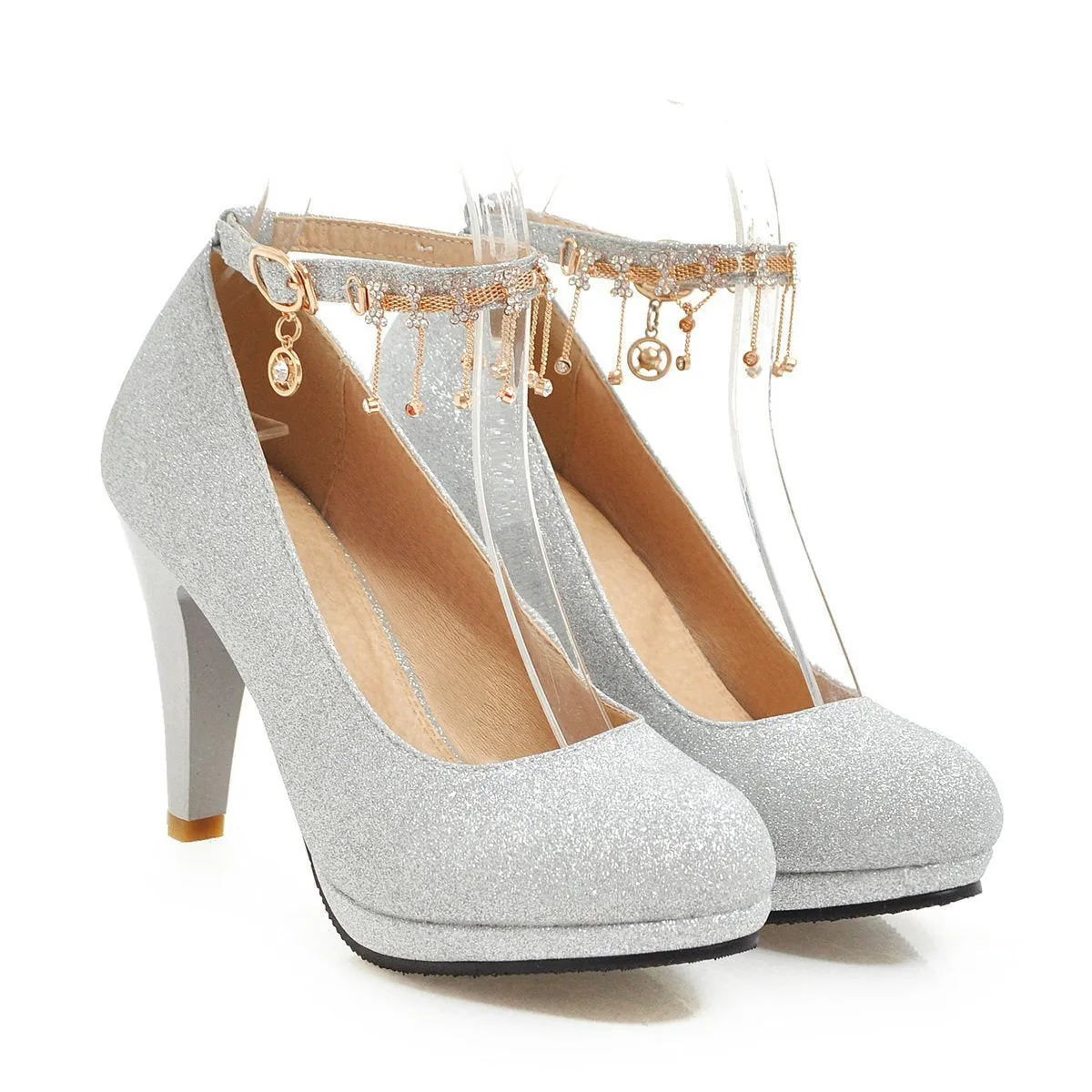 Girls's Round Head Rhinestone High Heeled Chunky Pumps