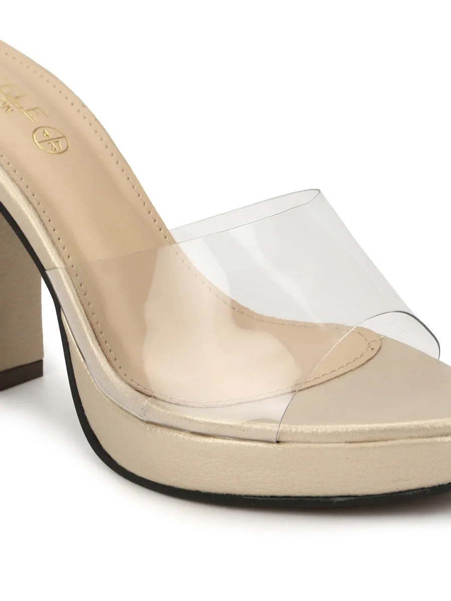 Gold Perspex PU Clear Block Heel Mules