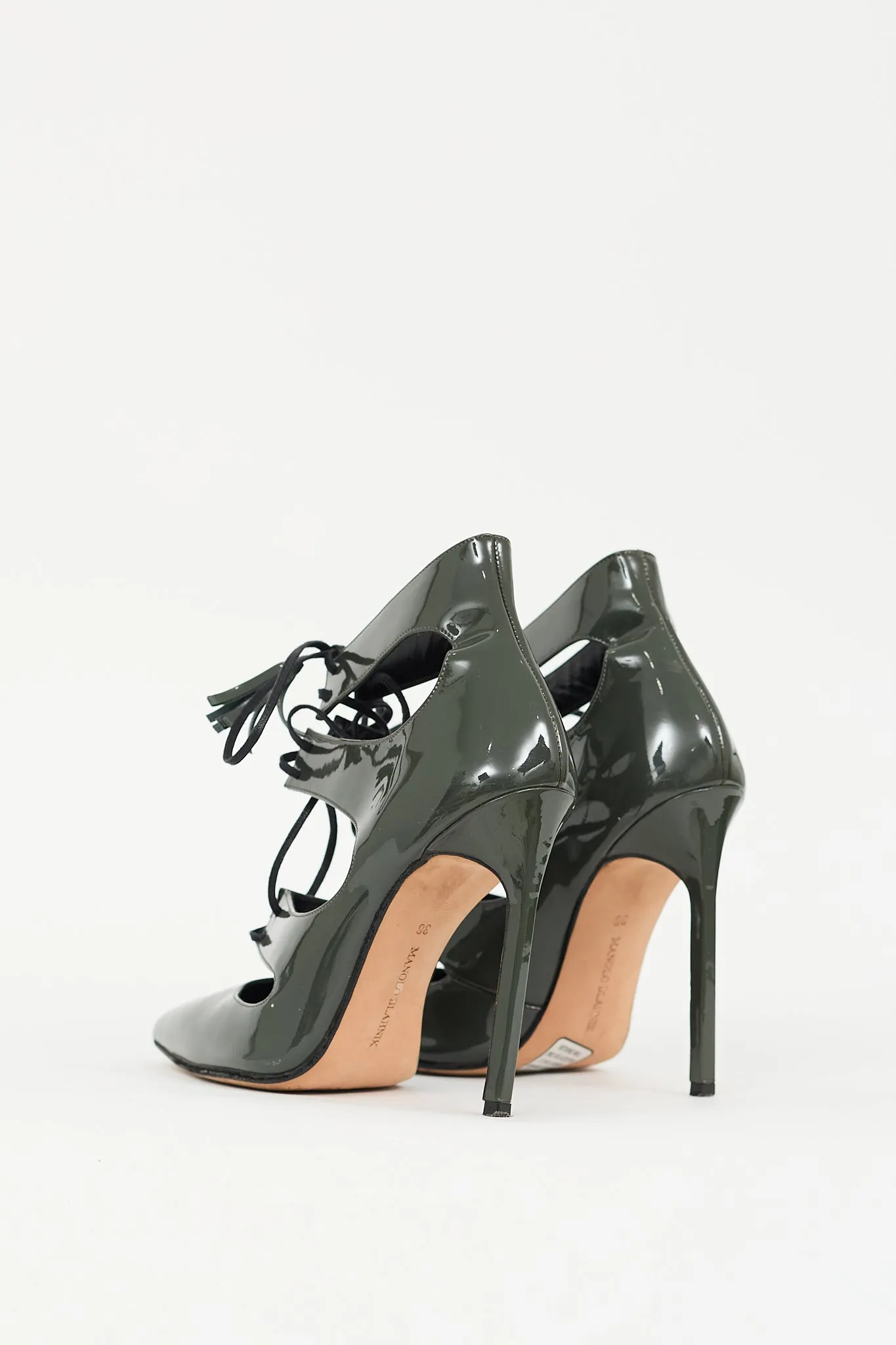 Green Patent Leather Caged Lace Up Heel