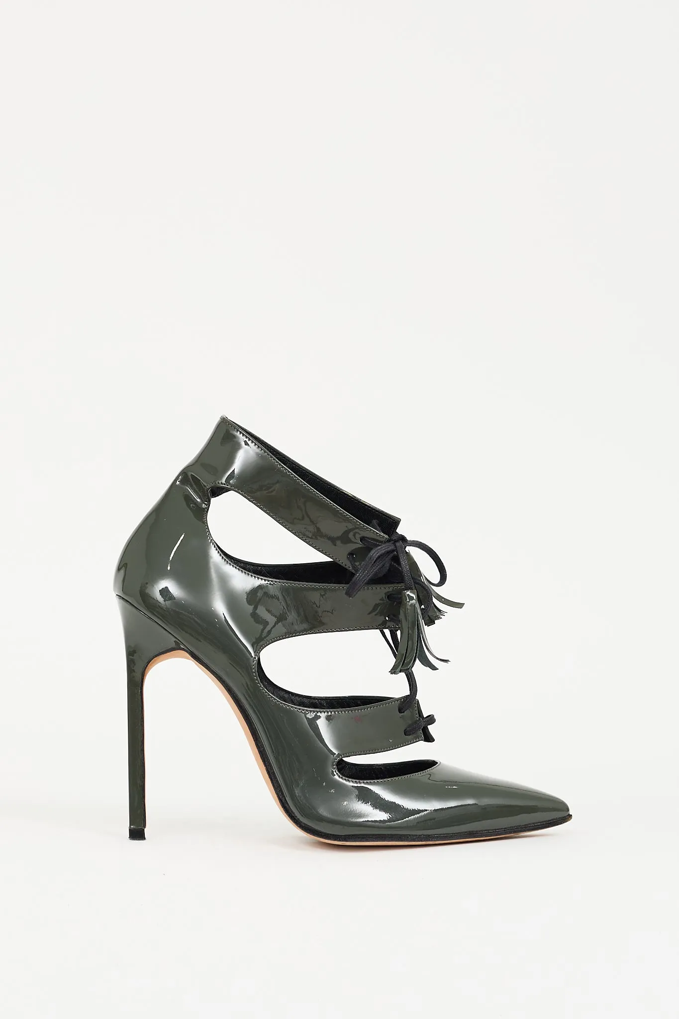 Green Patent Leather Caged Lace Up Heel