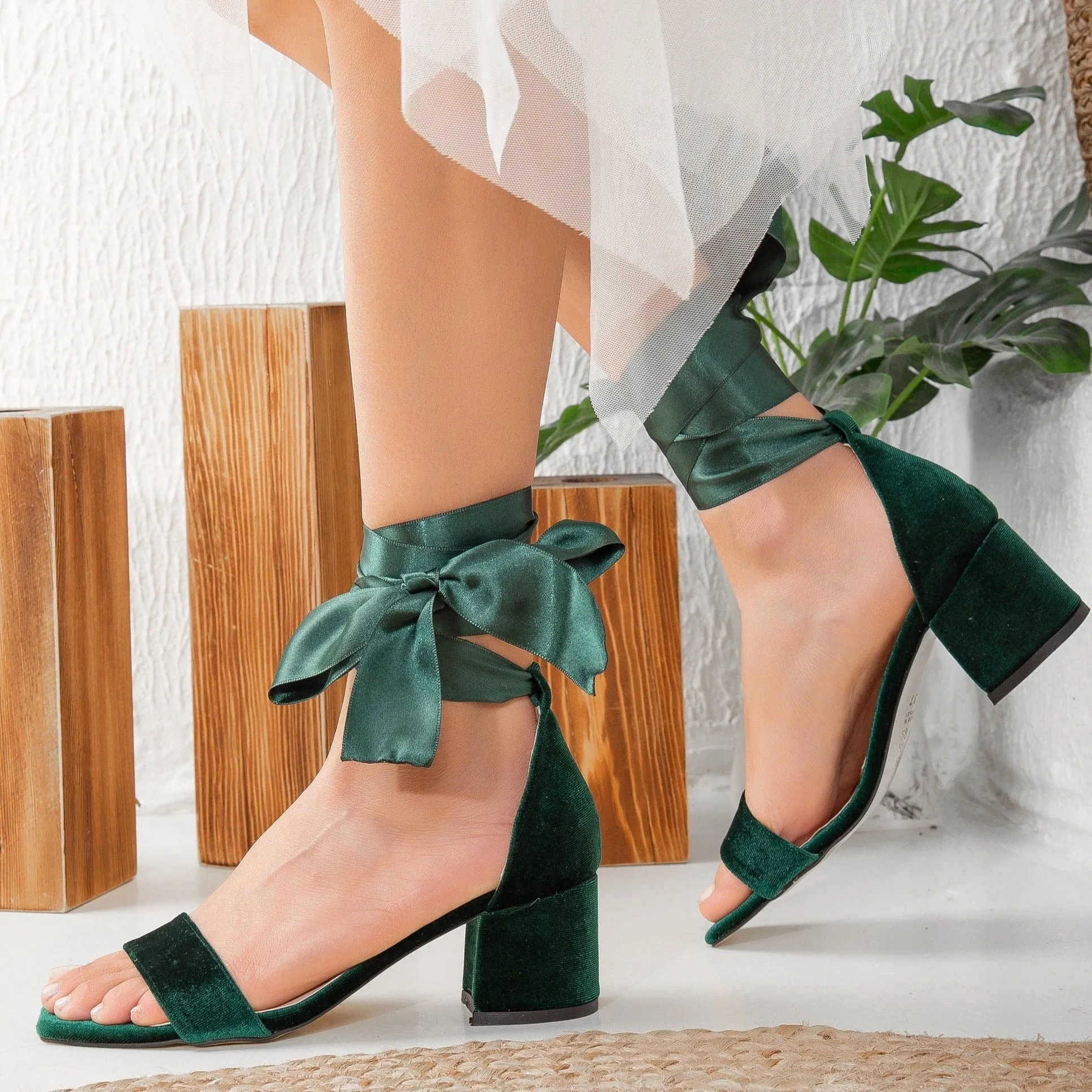 Hera - Green Velvet Low Heel Sandals with Ribbon