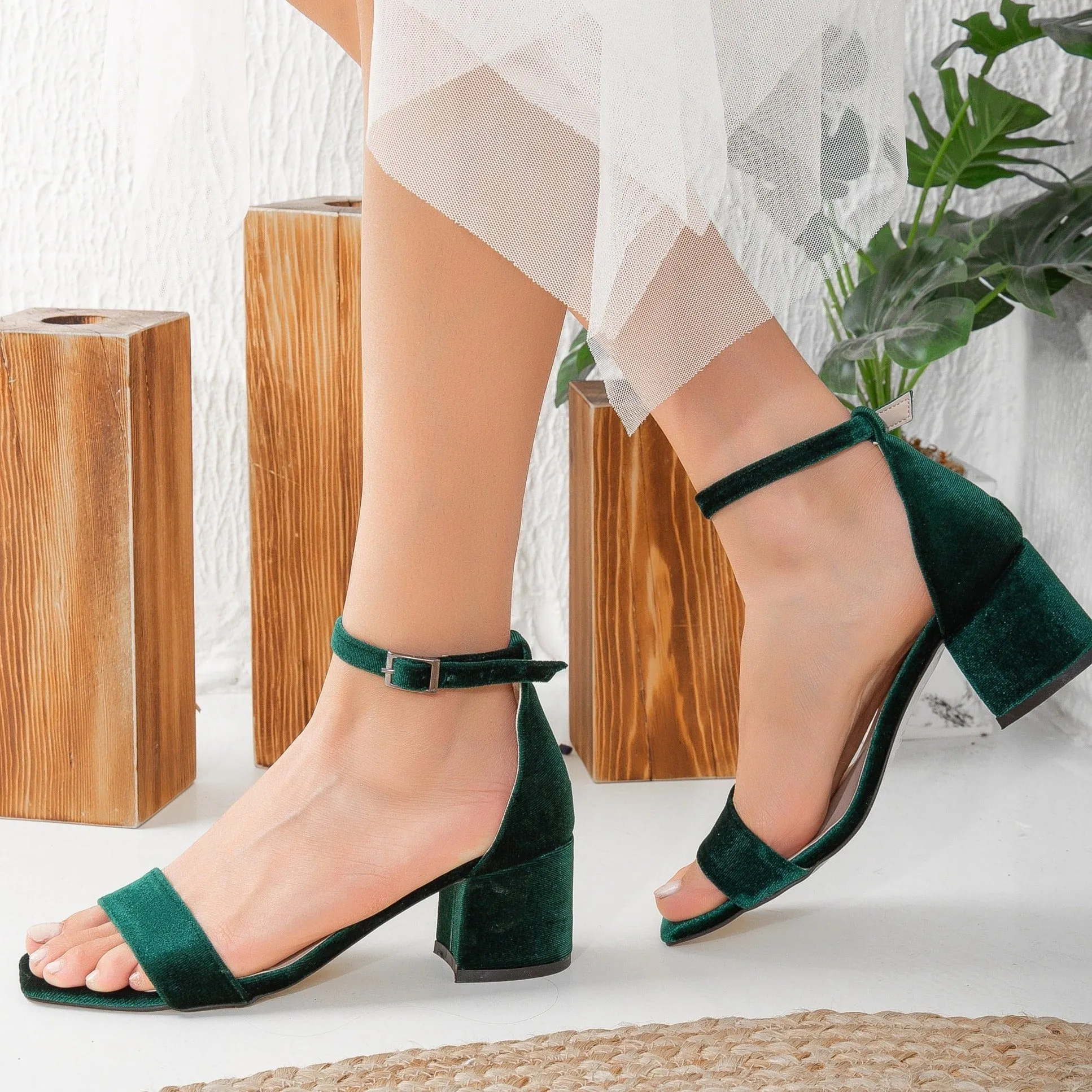 Hera - Green Velvet Low Heel Sandals with Ribbon