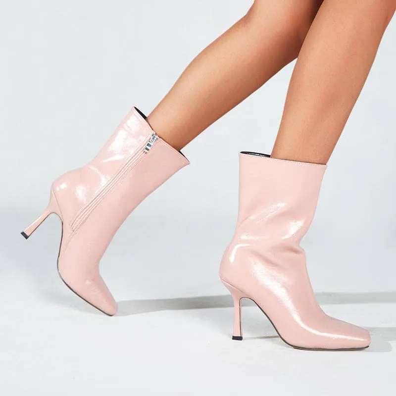 High Heel Square Toe Ankle Boots with Side Zippers