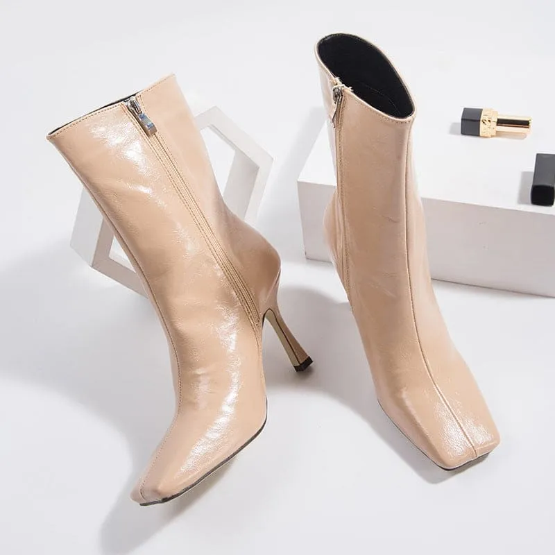 High Heel Square Toe Ankle Boots with Side Zippers