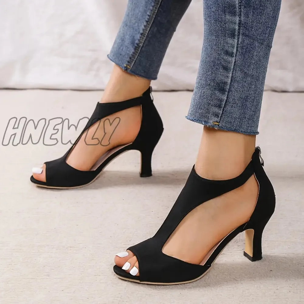 Hnewly Women's Peep Toe T-strap High Heels, Chunky Heel Back Zipper Sandals, Fashion Black Shoes