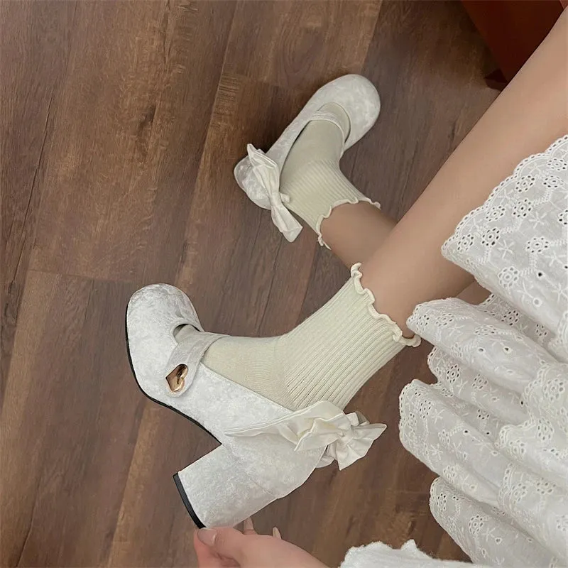 Hnzxzm Trendy Elegant Bowknot Girls Mary Jane Shoes Buckle Single Shoes College Style Footwear High Heel Pumps Thick Heel Shoes