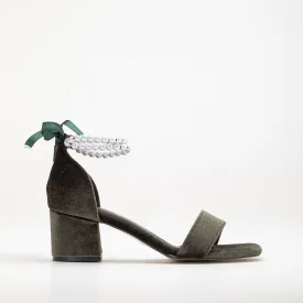 Illy - Olive Green Velvet Sandals with Pearls