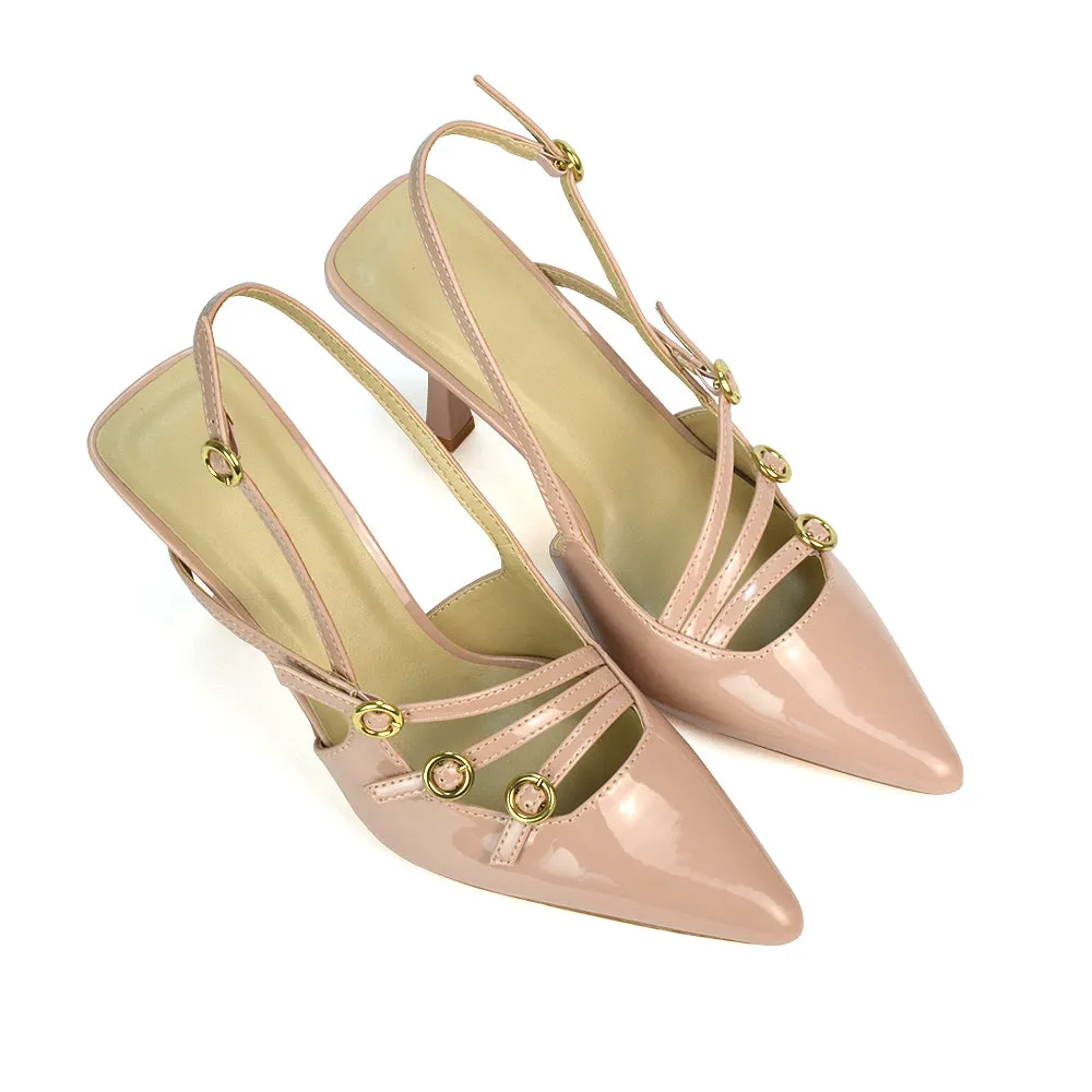 Kaylin Slingback Pointed Toe Stiletto High Heel Court Shoes in Nude Patent