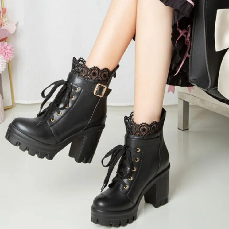 Lace trim lolita booties chunky platform high heels cute party dressy booties