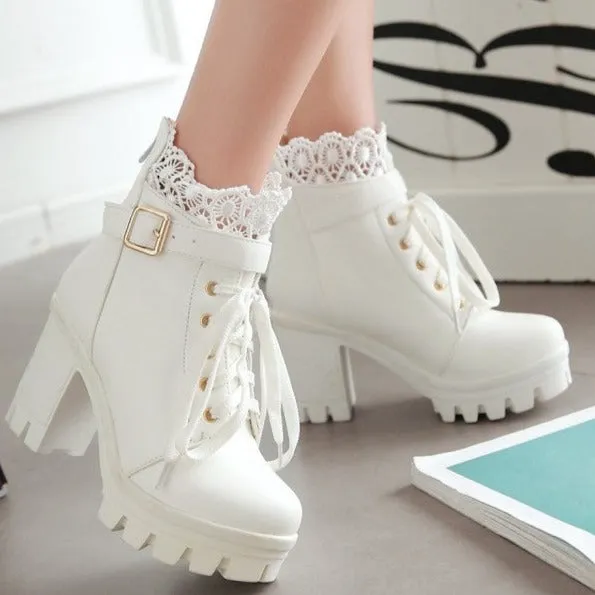 Lace trim lolita booties chunky platform high heels cute party dressy booties