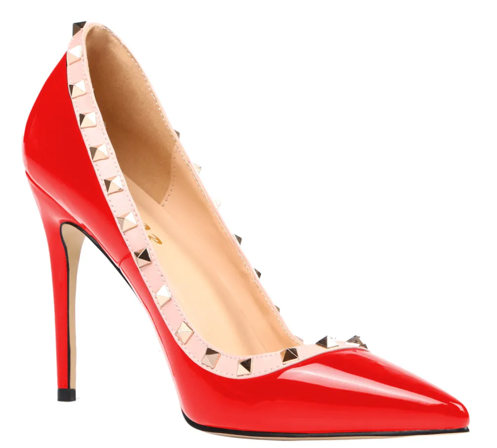 Ladies 10cm Glitter Red Patent Rivet High Heel Pumps Studded Party Stilettos for Woman