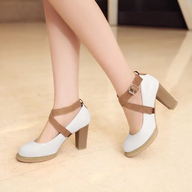 Ladies's Cross Buckle High Heelss Chunky Pumps