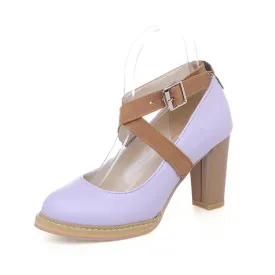 Ladies's Cross Buckle High Heelss Chunky Pumps