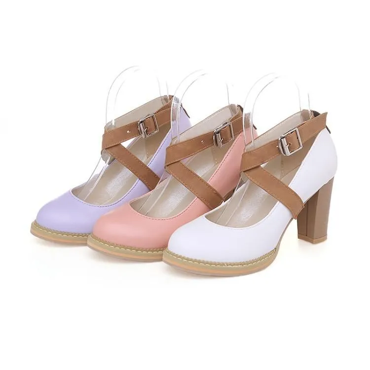 Ladies's Cross Buckle High Heelss Chunky Pumps