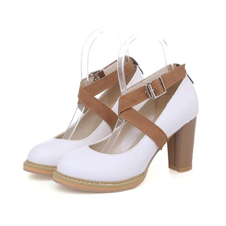 Ladies's Cross Buckle High Heelss Chunky Pumps