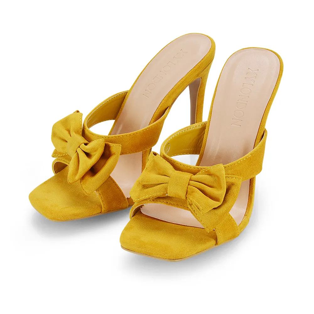 Larsa Bow Detail Square Toe Stiletto Slip on Mule Strappy Sandal Heels in Mustard