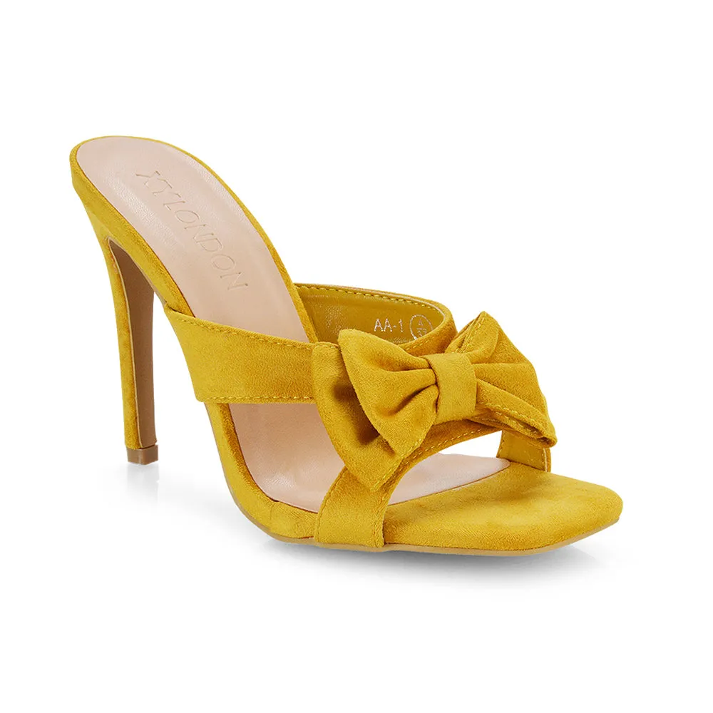 Larsa Bow Detail Square Toe Stiletto Slip on Mule Strappy Sandal Heels in Mustard