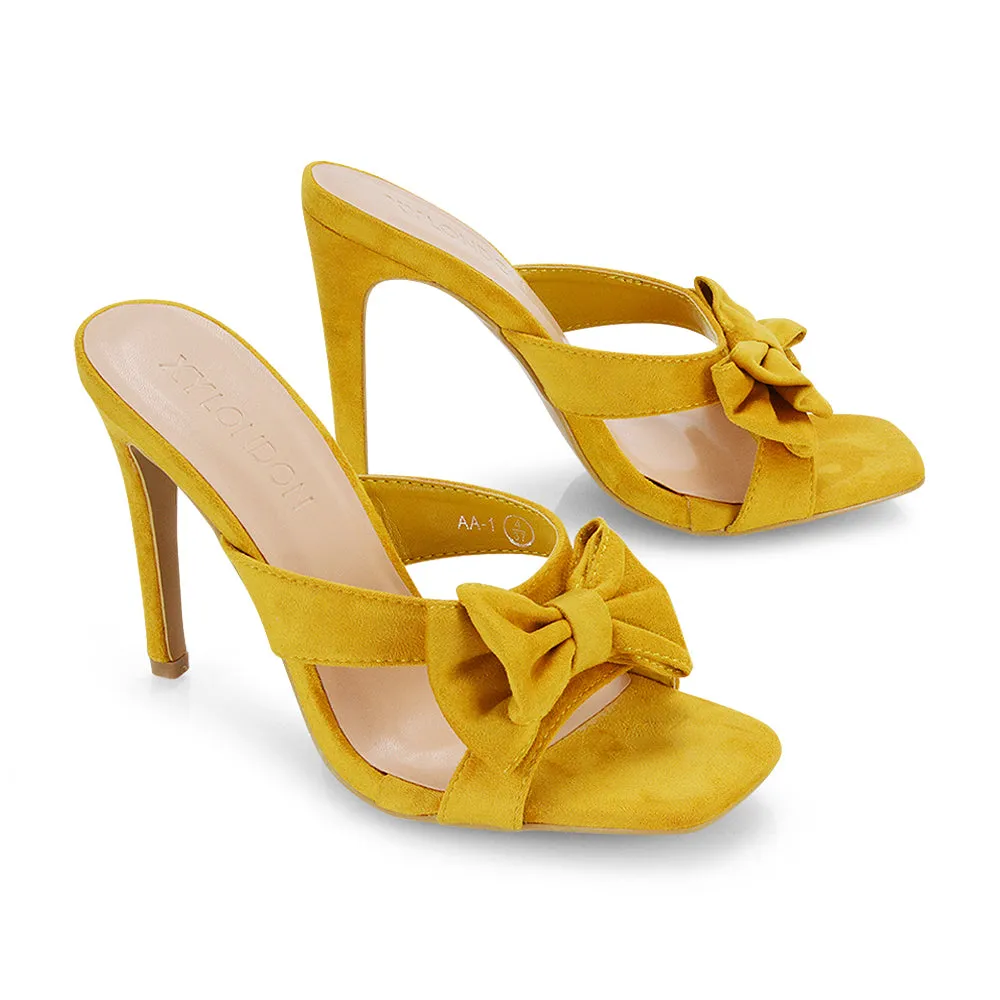 Larsa Bow Detail Square Toe Stiletto Slip on Mule Strappy Sandal Heels in Mustard