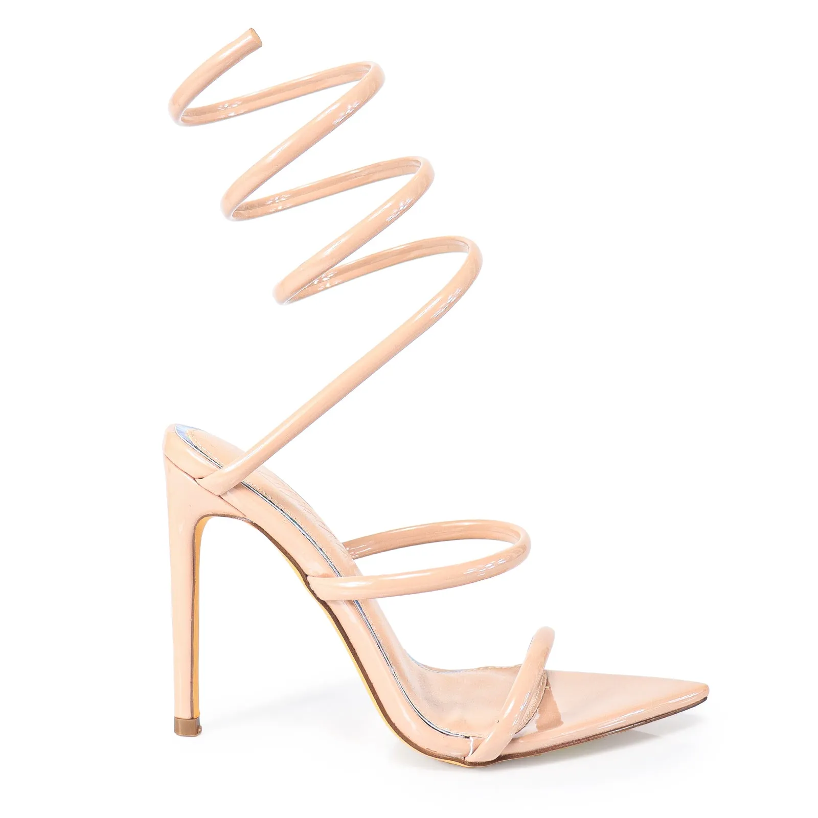 LAURENT-70 TUBULAR SPIRAL STRAP ON POINTED HEEL - NUDE PATENT