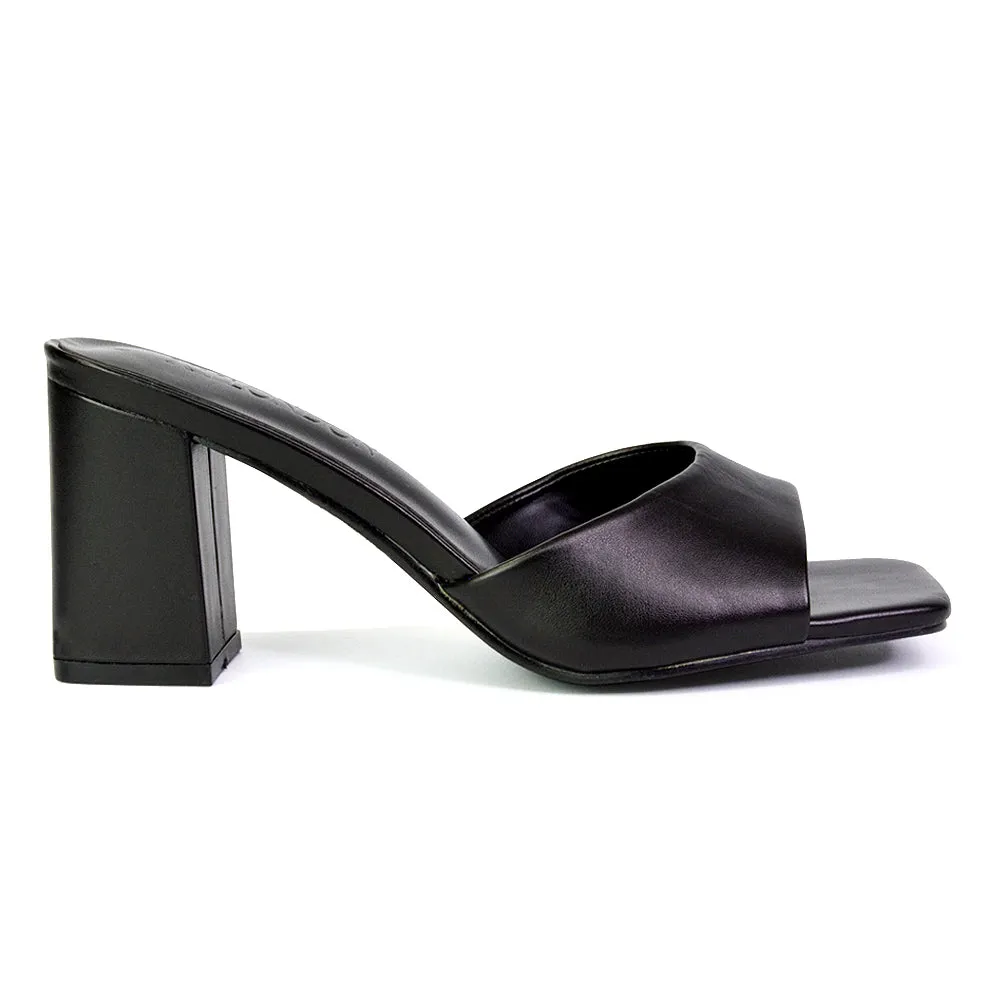 Lennon Square Toe Slip On Mid Block Heel Sandal Mule Sandals in Black