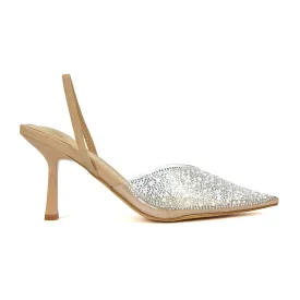 Leonie Stiletto High Heel Rhinestone Sling Back Strappy Court Shoes in Nude