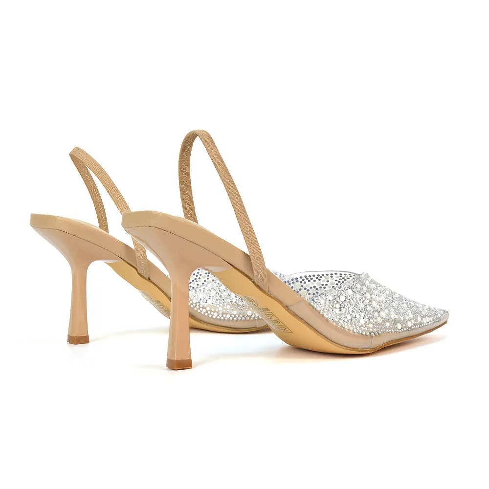 Leonie Stiletto High Heel Rhinestone Sling Back Strappy Court Shoes in Nude