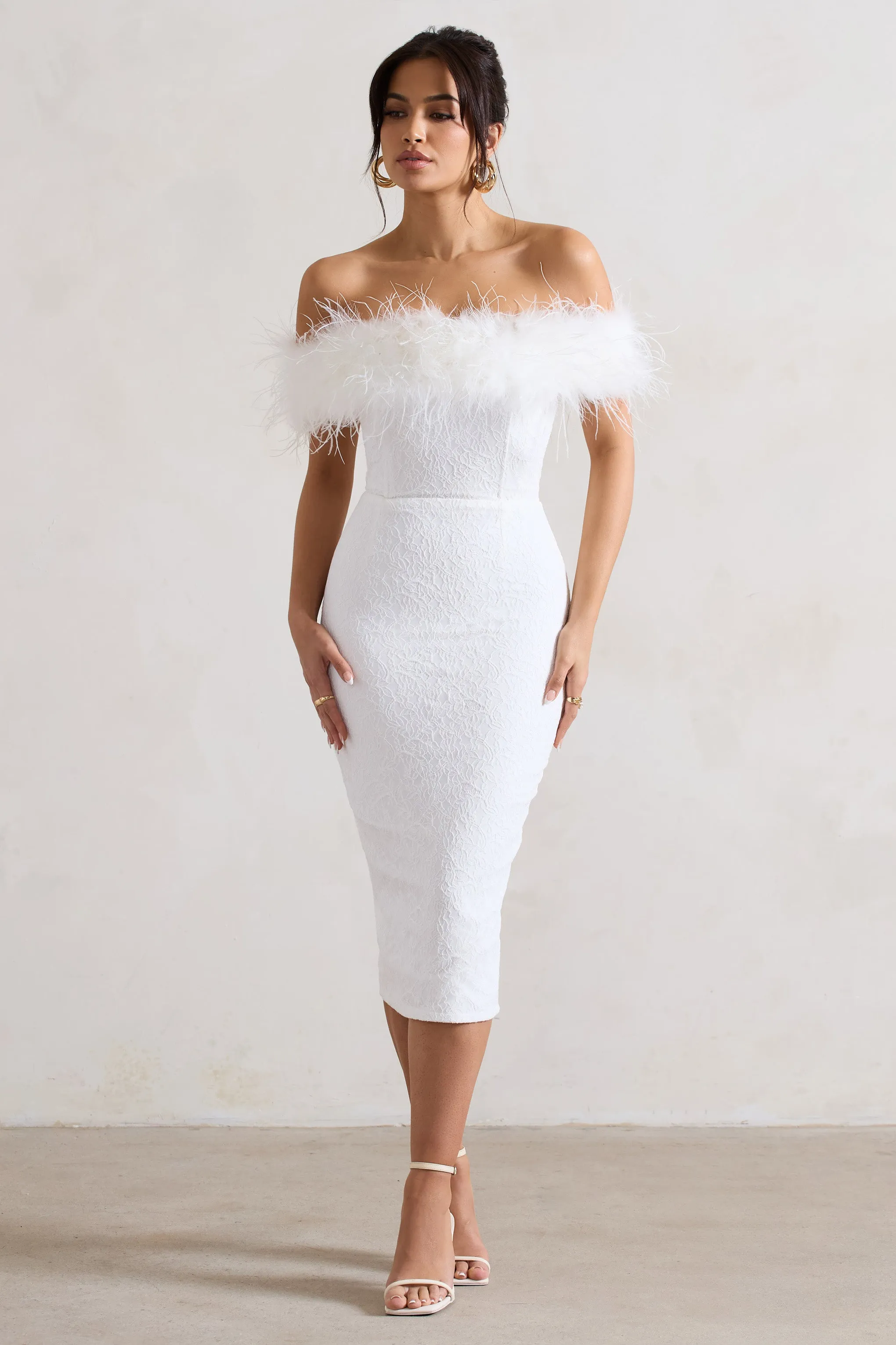 Maiden | White Lace Bardot Midi Dress With Feather Trim