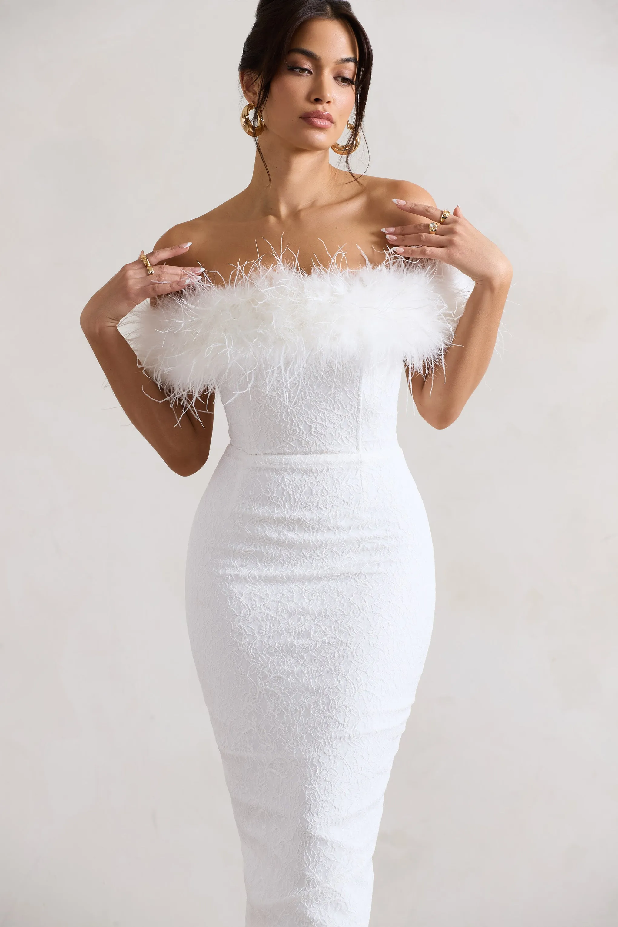 Maiden | White Lace Bardot Midi Dress With Feather Trim