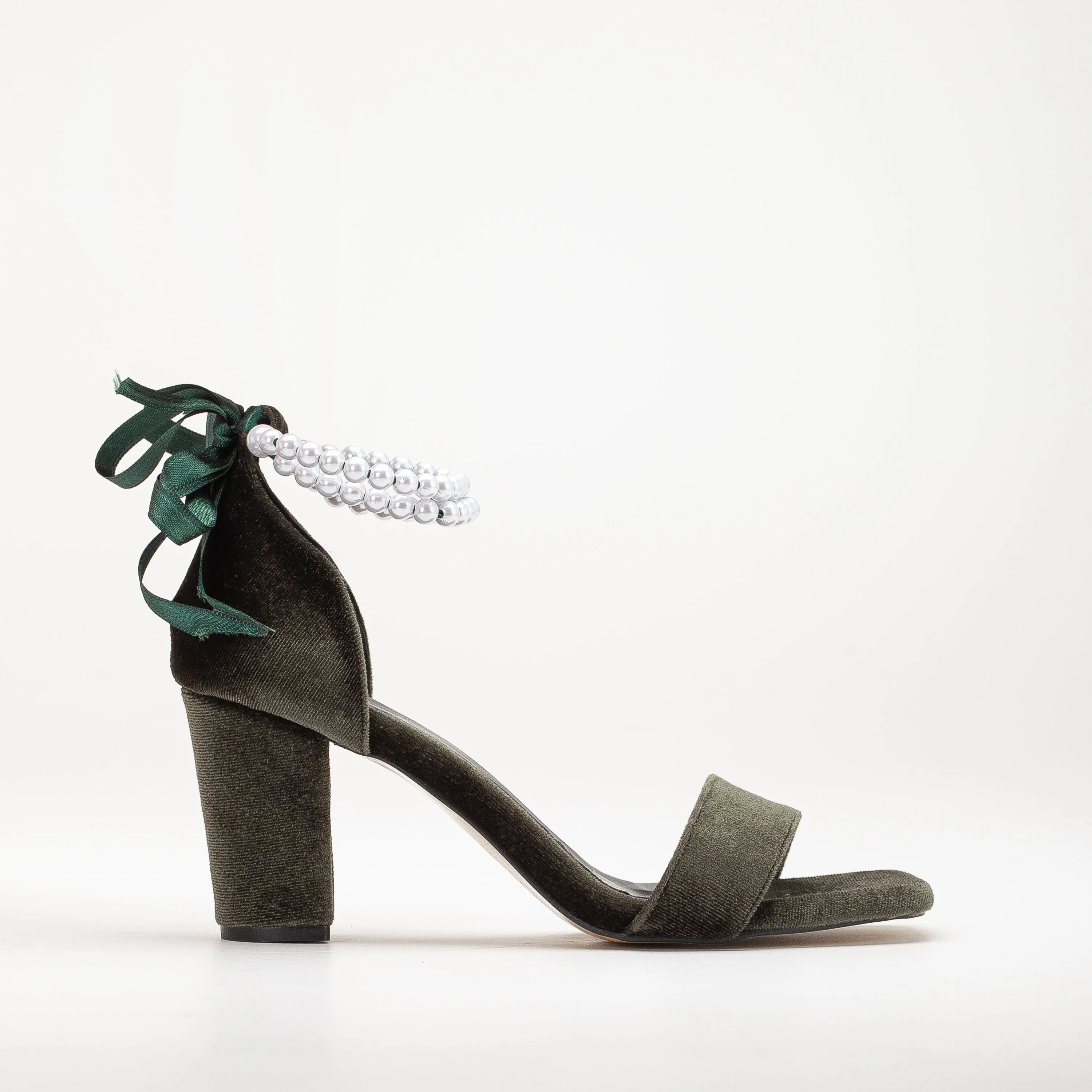 Melissa - Olive Green Velvet Sandals with Pearls