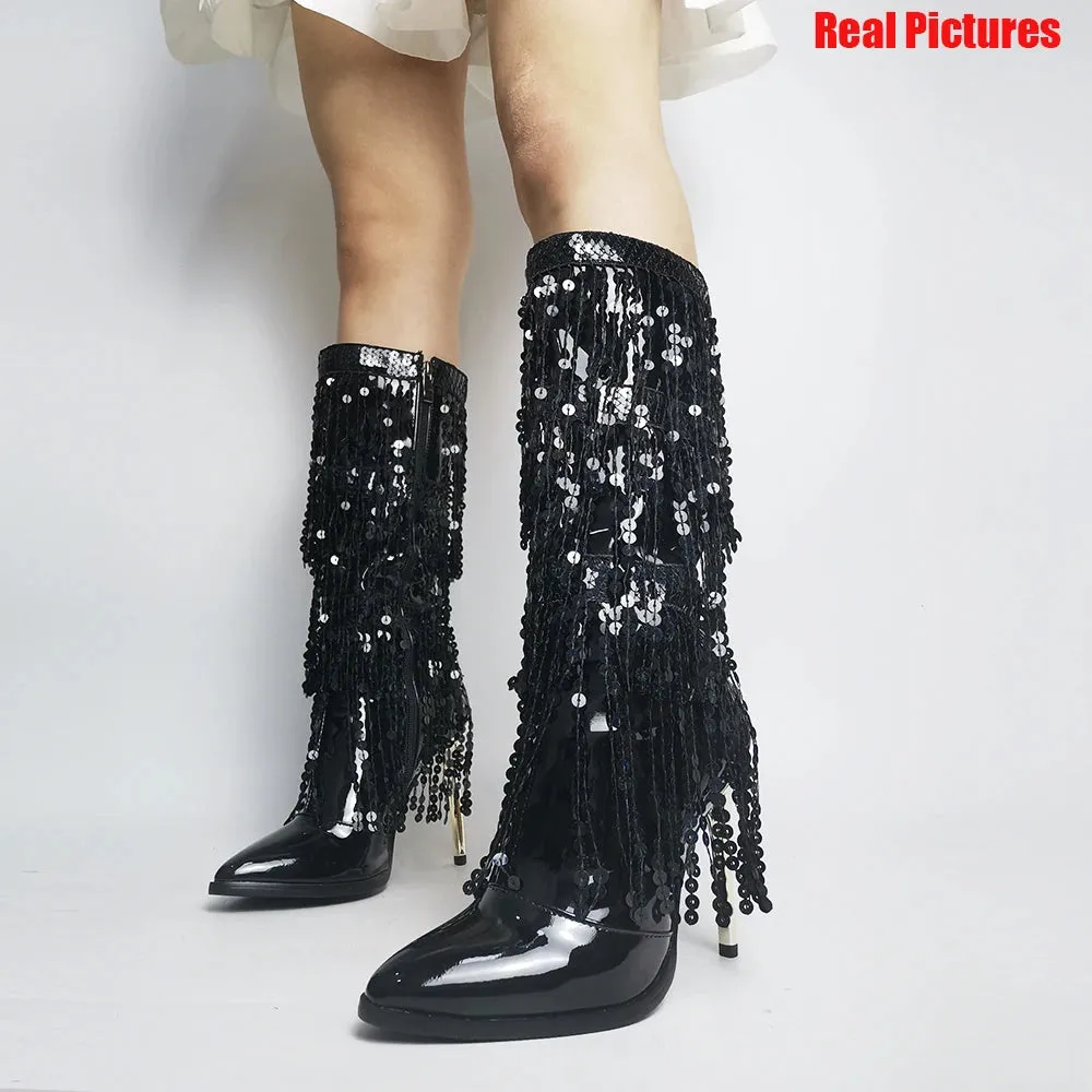 Merendy Arosa pointy stilettos Slip-on embroidery Chrome knee high boots